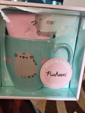 Pusheen Mint Green Mug with Pink Sock Set